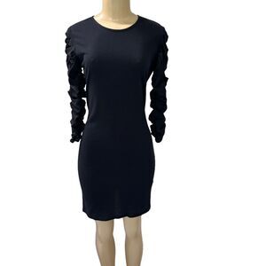 Designer Susan Woo organic cotton long ruched sleeve mixed media black dress 4